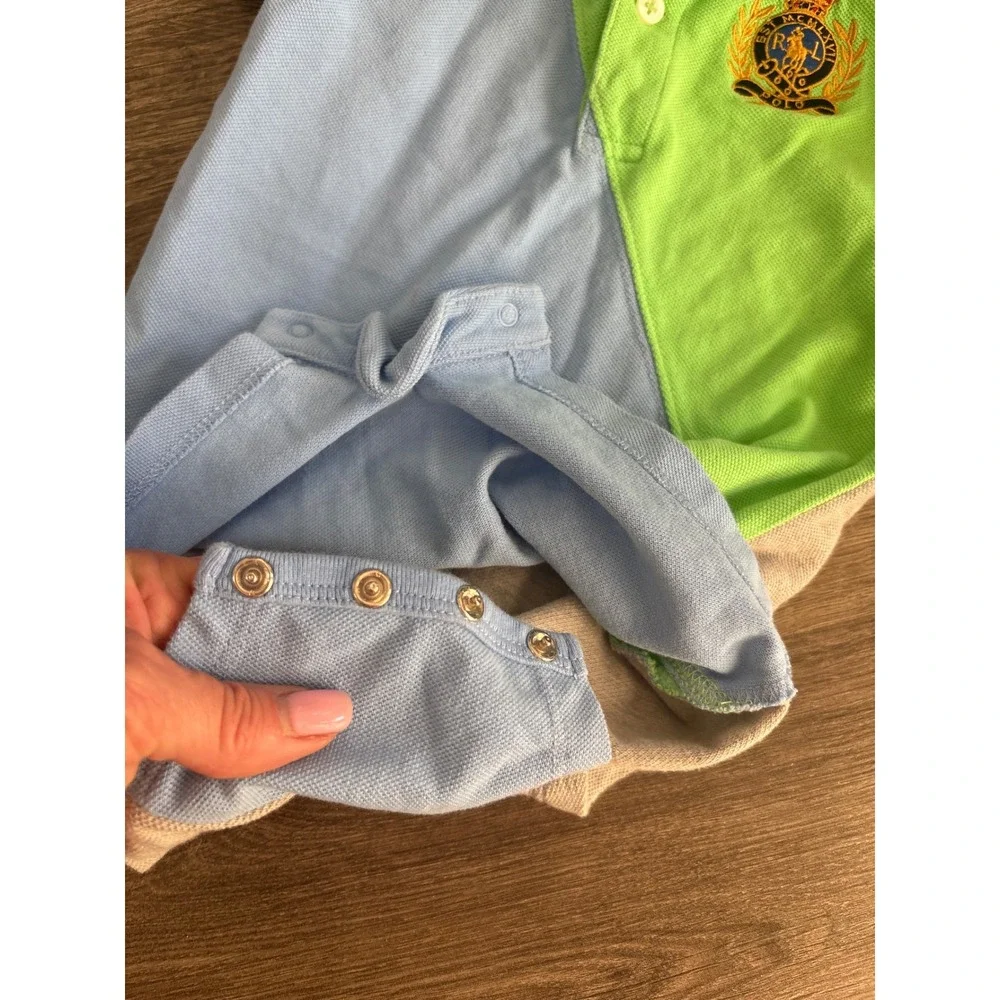 Ralph Lauren Baby Boy Colorblock Crest Polo Romper 9M Multi‎ Color Short Sleeve